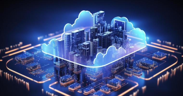 A city built on top of a microchip, with a cloud around it